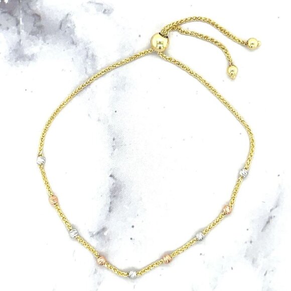Women's 14K Tri-Color Gold Adjustable Stationed Diamond Cut Beads Bracelet